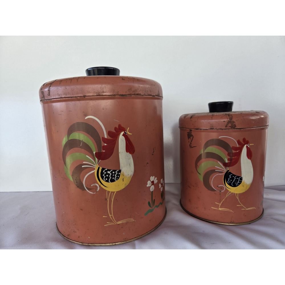 Vintage Ransburg Pink Rooster Metal Canisters Set of 2 Hand Painted USA